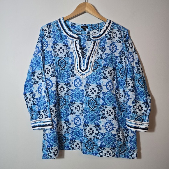 Talbots Blue Boho Medallion Tunic‎ Top 2XP Cotton Blouse - Picture 1 of 11
